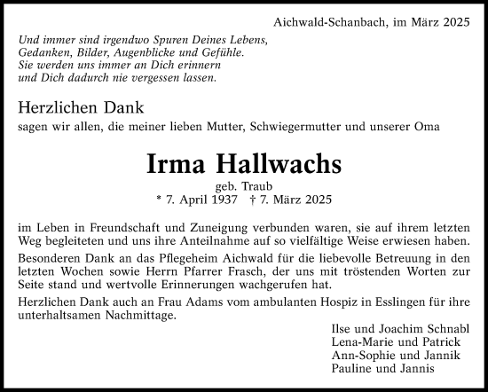 Traueranzeige von Irma Hallwachs von Eßlinger Zeitung