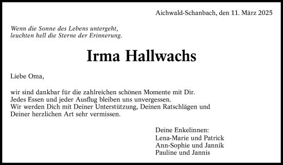 Traueranzeige von Irma Hallwachs von Eßlinger Zeitung