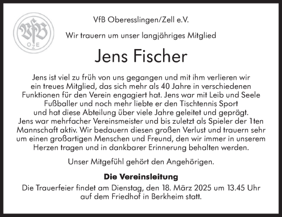 Traueranzeige von Jens Fischer von Eßlinger Zeitung