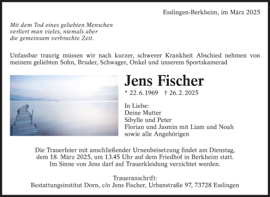 Traueranzeige von Jens Fischer von Eßlinger Zeitung