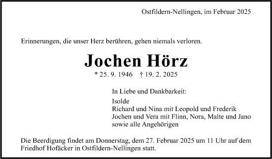 Traueranzeige von Jochen Hörz von Eßlinger Zeitung
