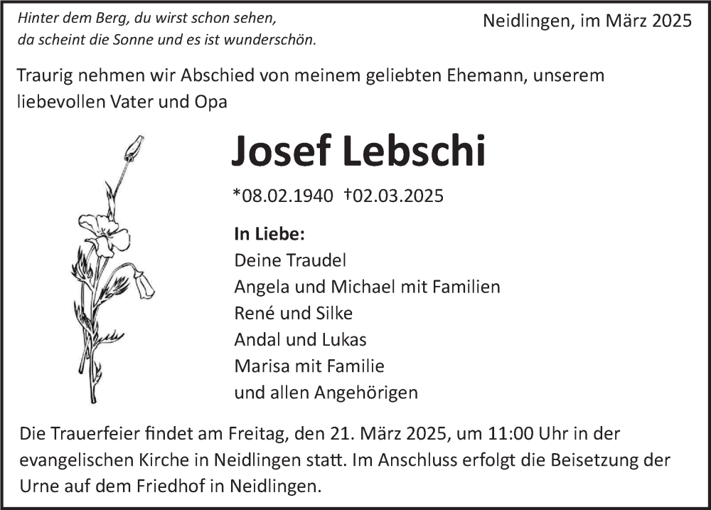  Traueranzeige für Josef Lebschi vom 15.03.2025 aus Eßlinger Zeitung