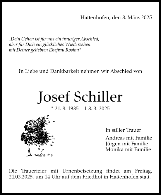 Traueranzeige von Josef Schiller von Eßlinger Zeitung