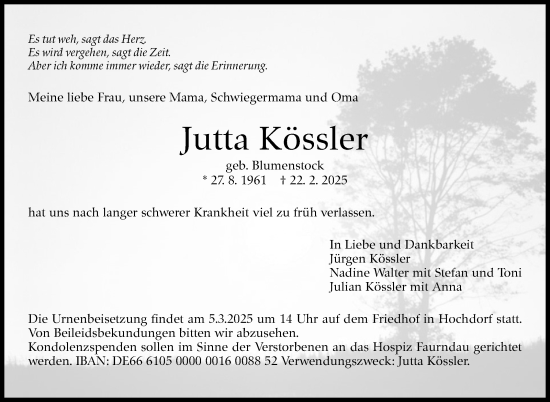 Traueranzeige von Jutta Kössler von Eßlinger Zeitung
