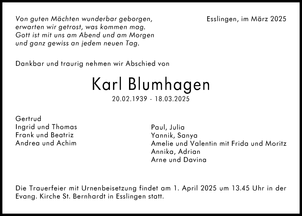  Traueranzeige für Karl Blumhagen vom 25.03.2025 aus Eßlinger Zeitung