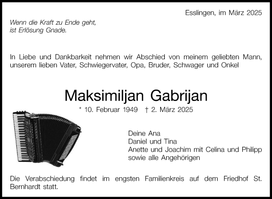 Traueranzeige von Maksimiljan Gabrijan von Eßlinger Zeitung