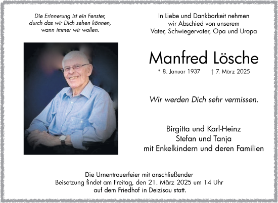 Traueranzeige von Manfred Lösche von Eßlinger Zeitung