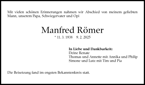 Traueranzeige von Manfred Römer von Eßlinger Zeitung