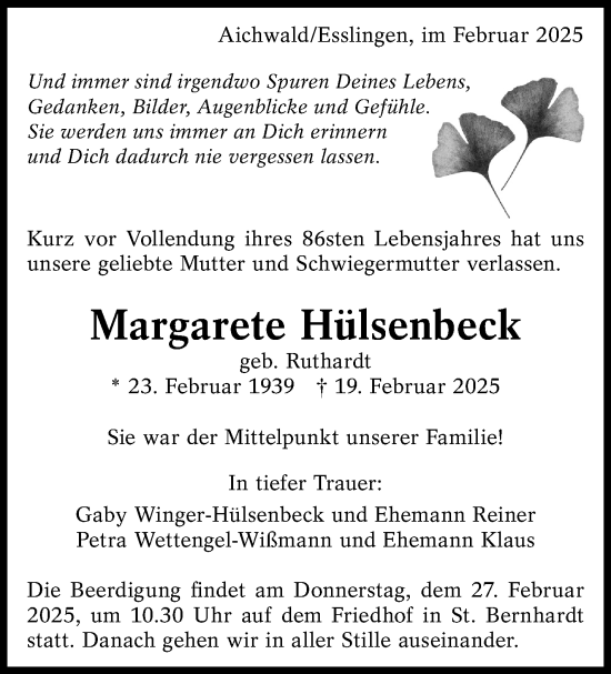 Traueranzeige von Margarete Hülsenbeck von Eßlinger Zeitung
