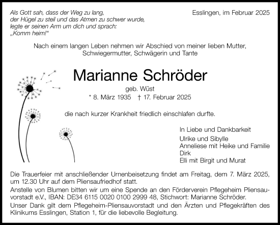 Traueranzeige von Marianne Schröder von Eßlinger Zeitung