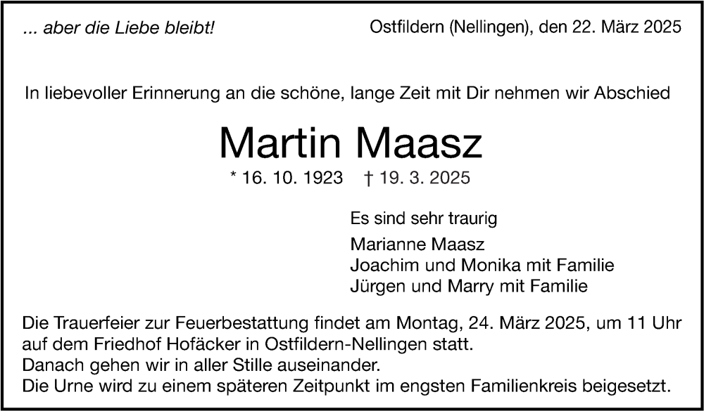  Traueranzeige für Martin Maasz vom 22.03.2025 aus Eßlinger Zeitung