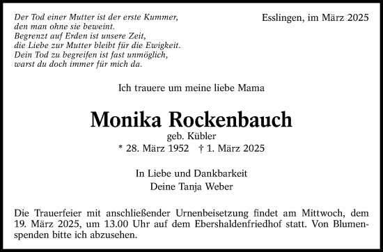 Traueranzeige von Monika Rockenbauch von Eßlinger Zeitung