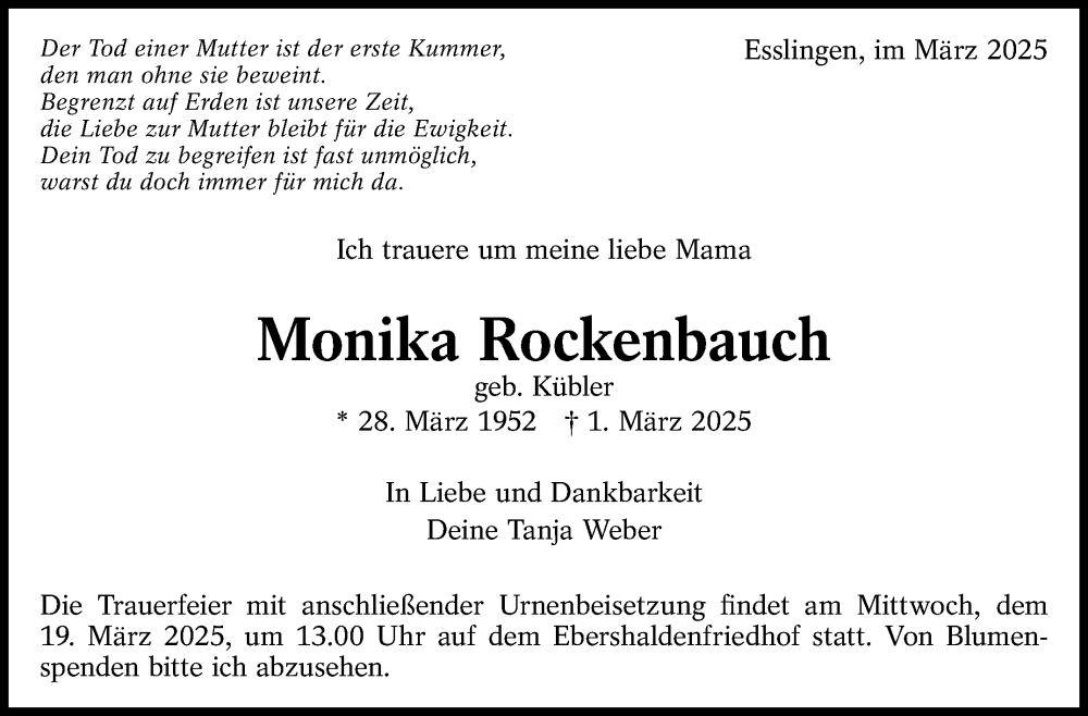  Traueranzeige für Monika Rockenbauch vom 15.03.2025 aus Eßlinger Zeitung