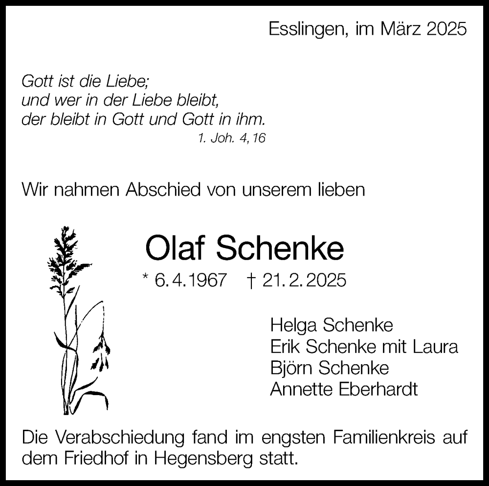  Traueranzeige für Olaf Schenke vom 15.03.2025 aus Eßlinger Zeitung