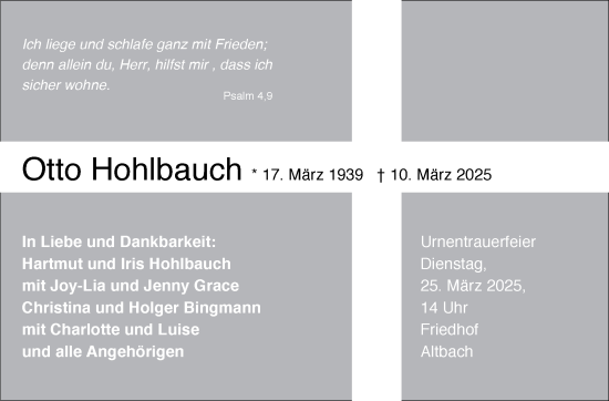Traueranzeige von Otto Hohlbauch von Eßlinger Zeitung