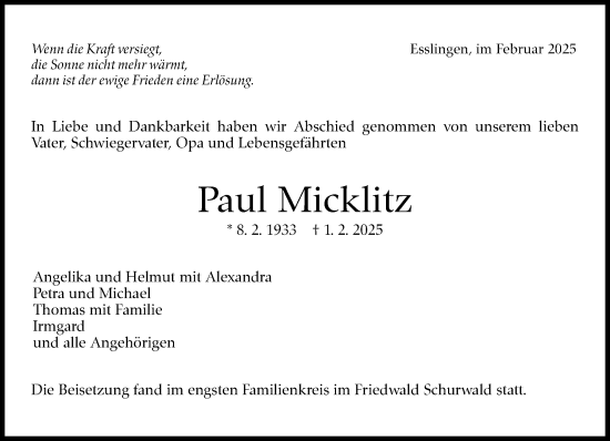 Traueranzeige von Paul Micklitz von Eßlinger Zeitung