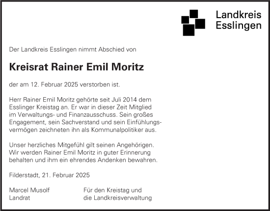 Traueranzeige von Rainer Emil Moritz von Eßlinger Zeitung