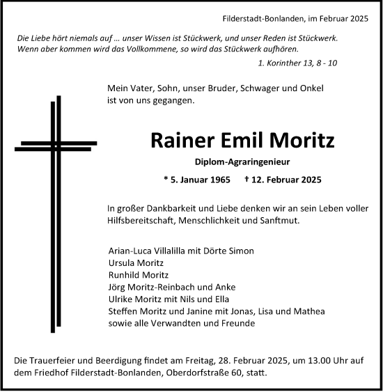 Traueranzeige von Rainer Emil Moritz von Eßlinger Zeitung