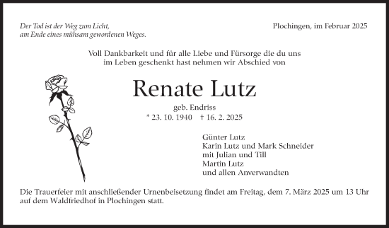 Traueranzeige von Renate Lutz von Eßlinger Zeitung