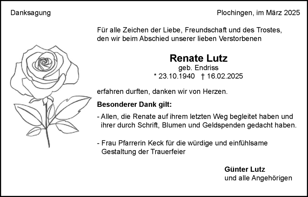  Traueranzeige für Renate Lutz vom 22.03.2025 aus Eßlinger Zeitung