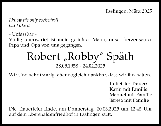 Traueranzeige von Robert Späth von Eßlinger Zeitung
