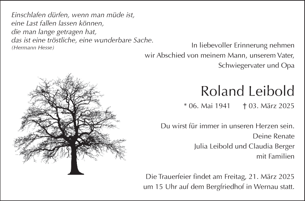  Traueranzeige für Roland Leibold vom 15.03.2025 aus Eßlinger Zeitung