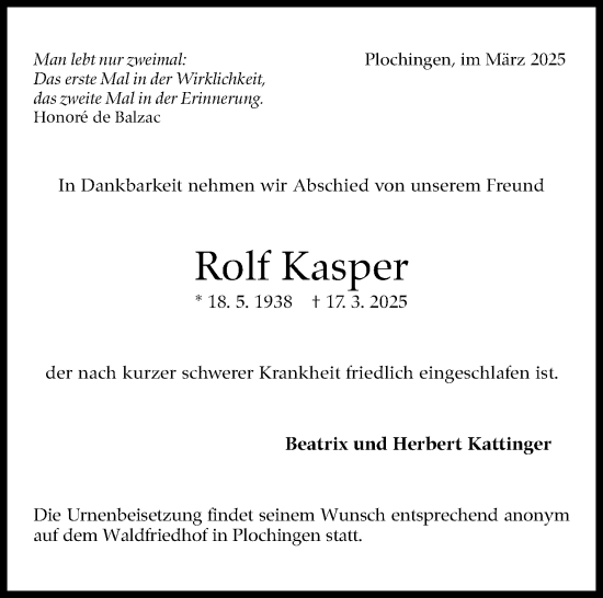 Traueranzeige von Rolf Kasper von Eßlinger Zeitung