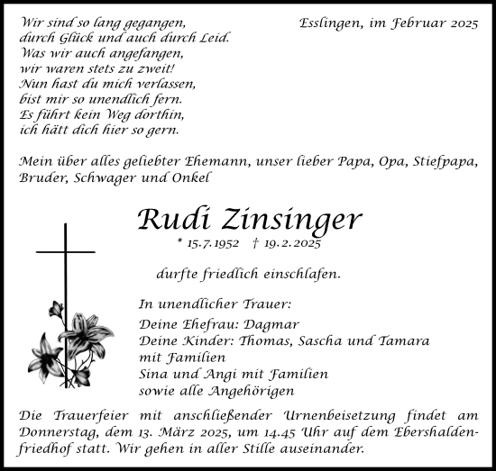 Traueranzeige von Rudi Zinsinger von Eßlinger Zeitung