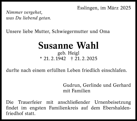 Traueranzeige von Susanne Wahl von Eßlinger Zeitung