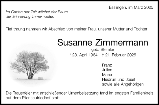 Traueranzeige von Susanne Zimmermann von Eßlinger Zeitung