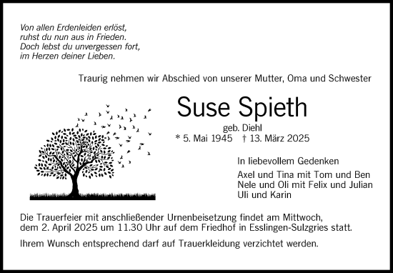 Traueranzeige von Suse Spieth von Eßlinger Zeitung