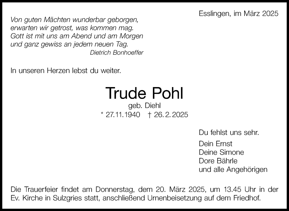  Traueranzeige für Trude Pohl vom 08.03.2025 aus Eßlinger Zeitung