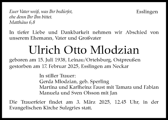 Traueranzeige von Ulrich Otto Mlodzian von Eßlinger Zeitung