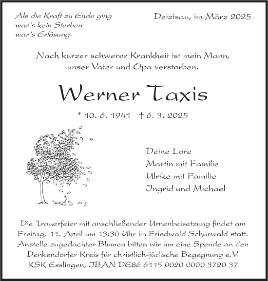 Traueranzeige von Werner Taxis von Eßlinger Zeitung