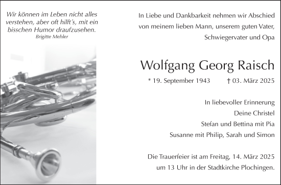 Traueranzeige von Wolfgang Georg Raisch von Eßlinger Zeitung