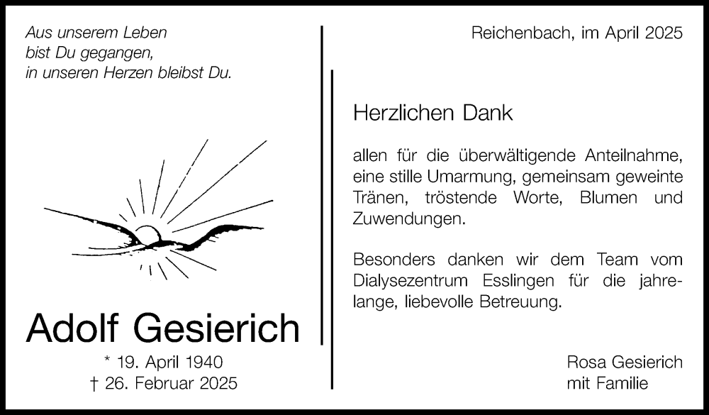  Traueranzeige für Adolf Gesierich vom 05.04.2025 aus Eßlinger Zeitung