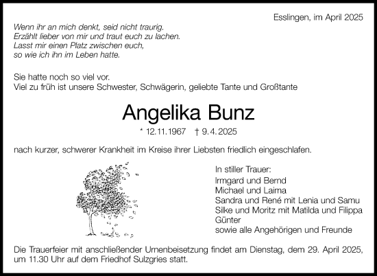 Traueranzeige von Angelika Bunz von Eßlinger Zeitung