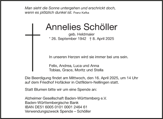 Traueranzeige von Annelies Schöller von Eßlinger Zeitung