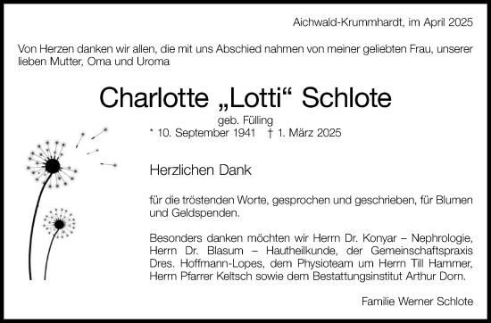 Traueranzeige von Charlotte  Schlote von Eßlinger Zeitung