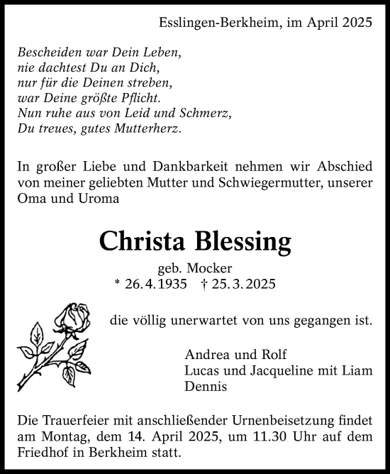 Traueranzeige von Christa Blessing von Eßlinger Zeitung