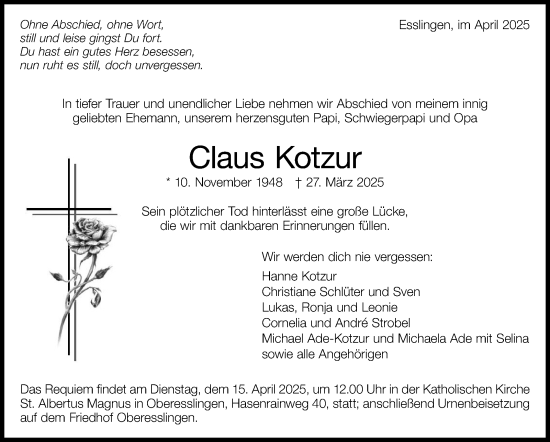 Traueranzeige von Claus Kotzur von Eßlinger Zeitung