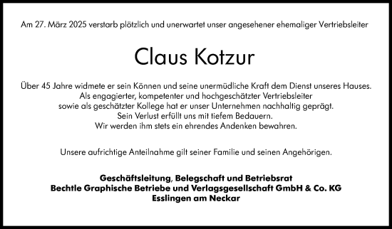 Traueranzeige von Claus Kotzur von Eßlinger Zeitung