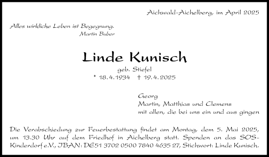 Traueranzeige von Linde Kunisch 