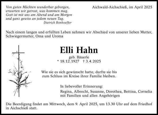 Traueranzeige von Elli Hahn von Eßlinger Zeitung