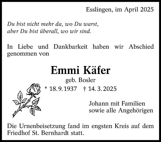Traueranzeige von Emmi Käfer von Eßlinger Zeitung