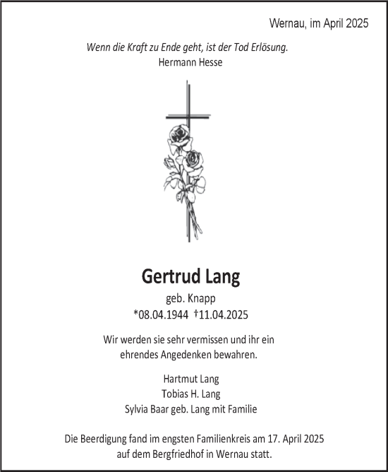 Traueranzeige von Gertrud Lang von Eßlinger Zeitung