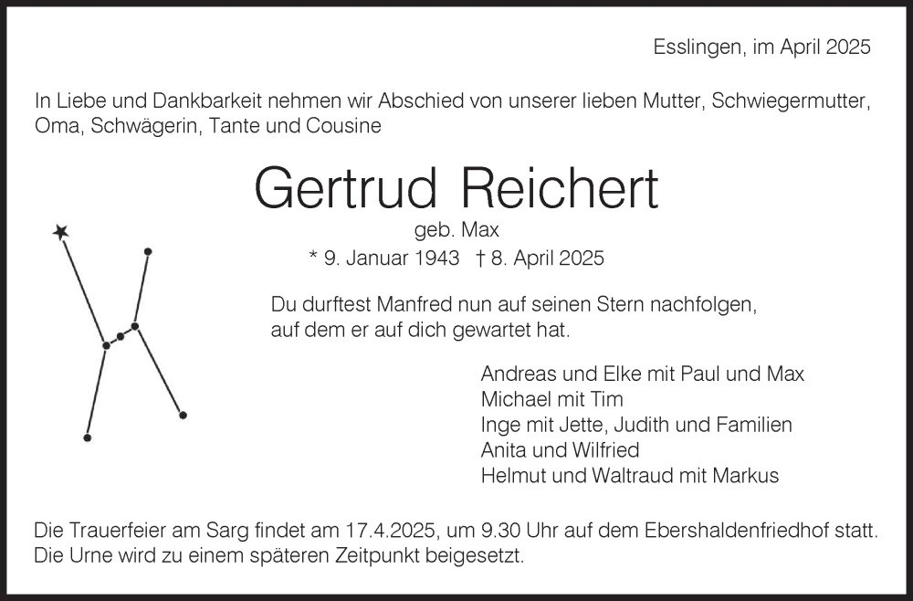  Traueranzeige für Gertrud Reichert vom 12.04.2025 aus Eßlinger Zeitung