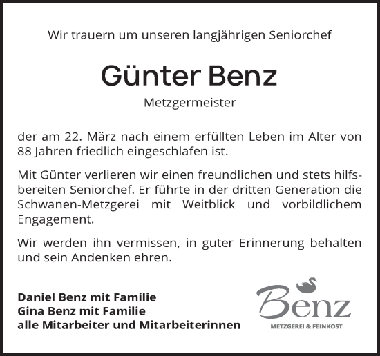 Traueranzeige von Günter Benz von Eßlinger Zeitung