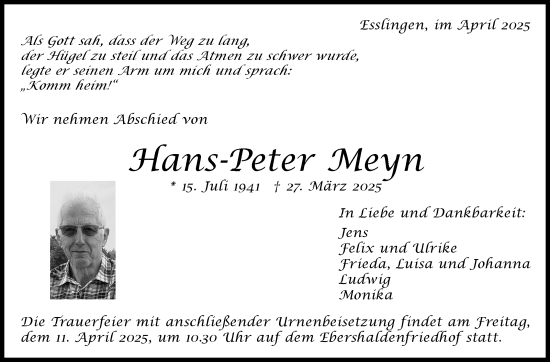 Traueranzeige von Hans-Peter Meyn von Eßlinger Zeitung
