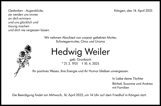 Traueranzeige von Hedwig Weiler von Eßlinger Zeitung